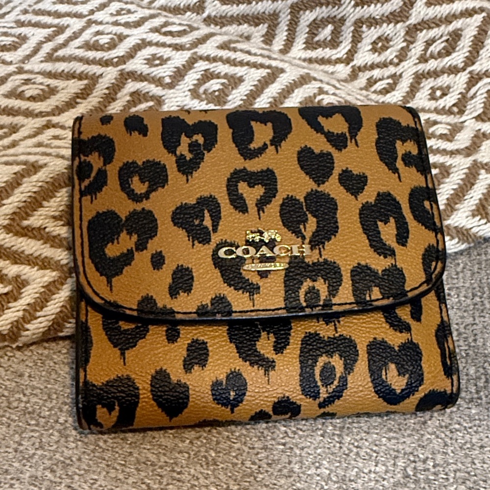 Coach Tan and Black Leopard Print Bifold Wallet
